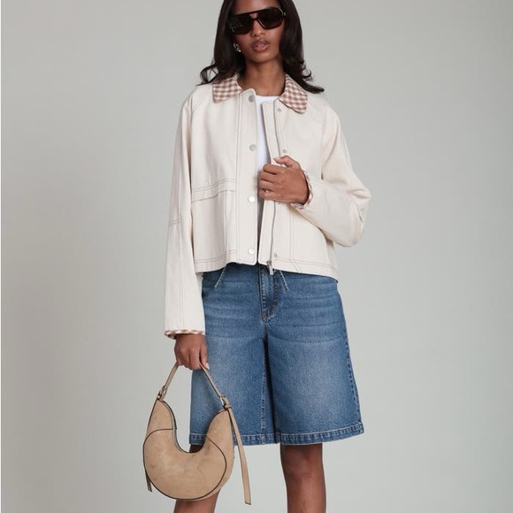 bagatelle Cream Jean Jacket with Brown Gingham Collar - Picture 7 of 7